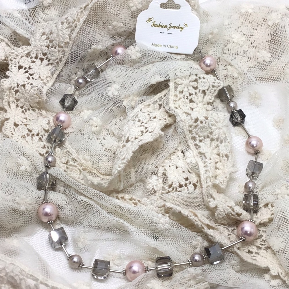 Blush Pink & Smoke Beaded Princess Length Necklace